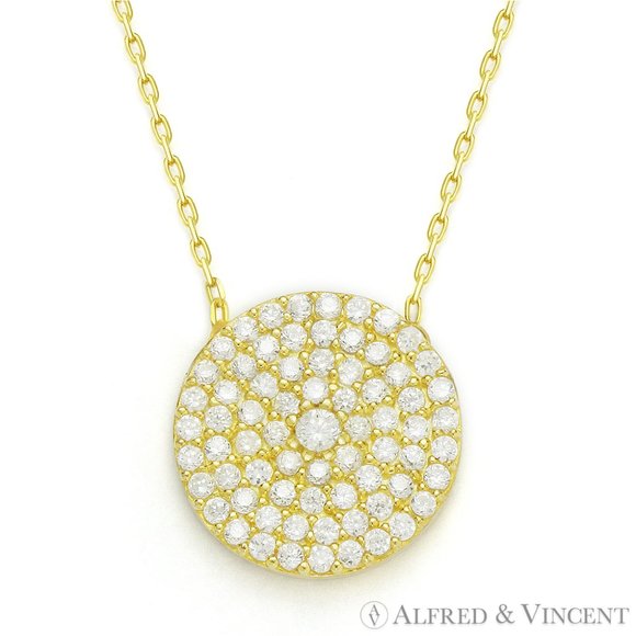 Circle Disc CZ Crystal Pendant in .925 Sterling Silver w/ 18k Yellow Gold - Picture 1 of 1